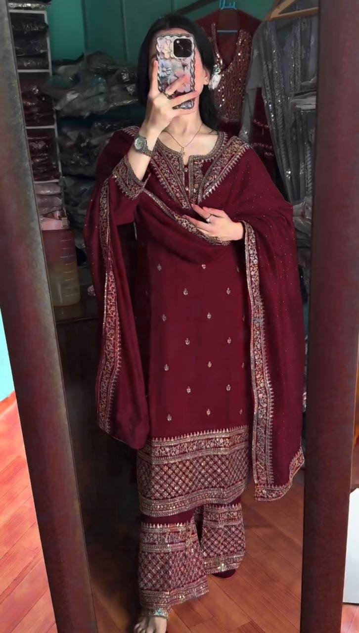 "Elegant Chinnon Silk Embroidered 3-Piece Set with Sequence Work"