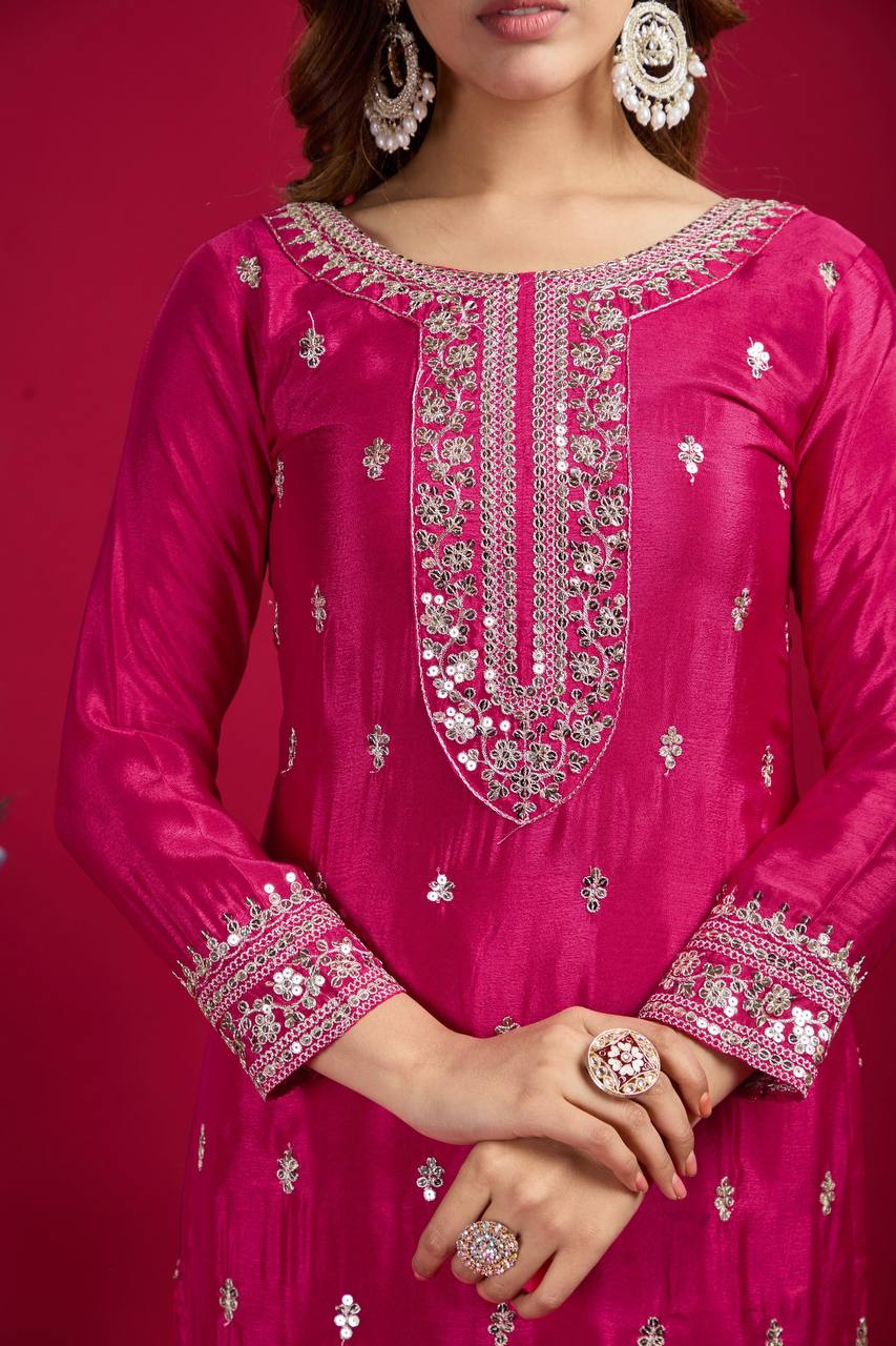 "Elegant Chinnon Silk Embroidered 3-Piece Set with Sequence Work"