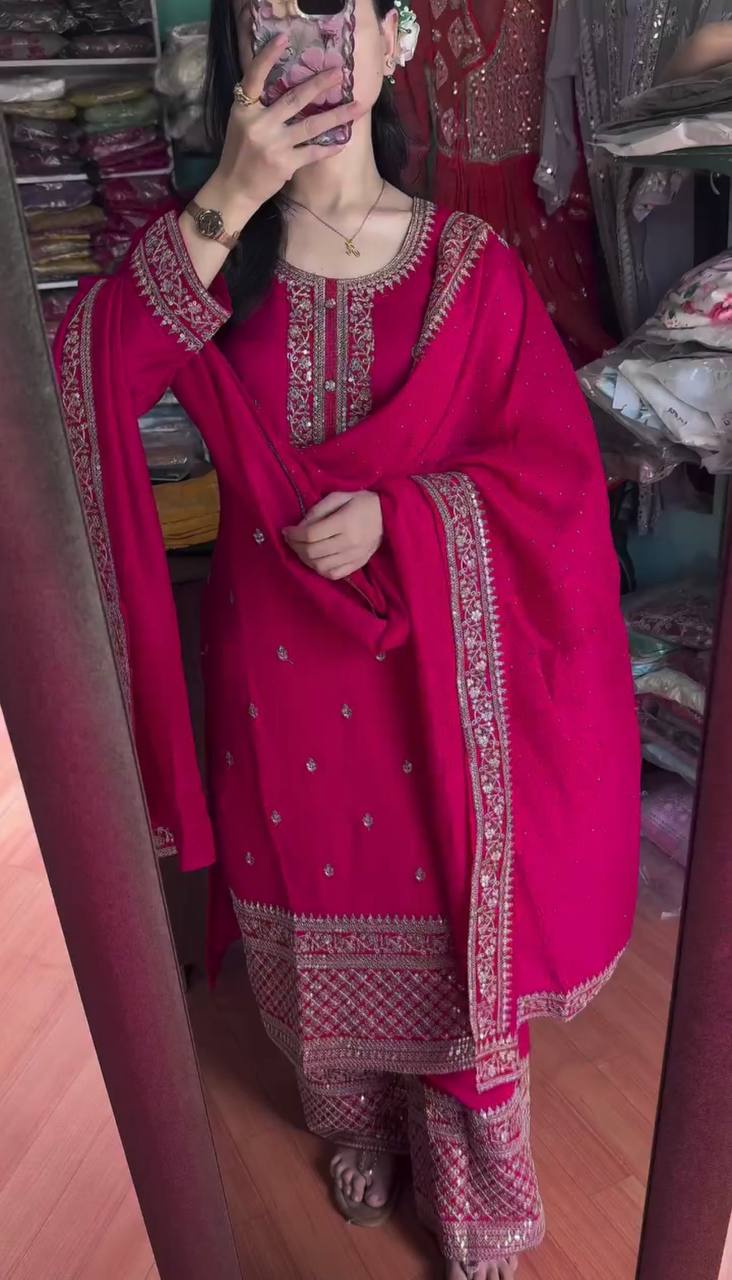 "Elegant Chinnon Silk Embroidered 3-Piece Set with Sequence Work"