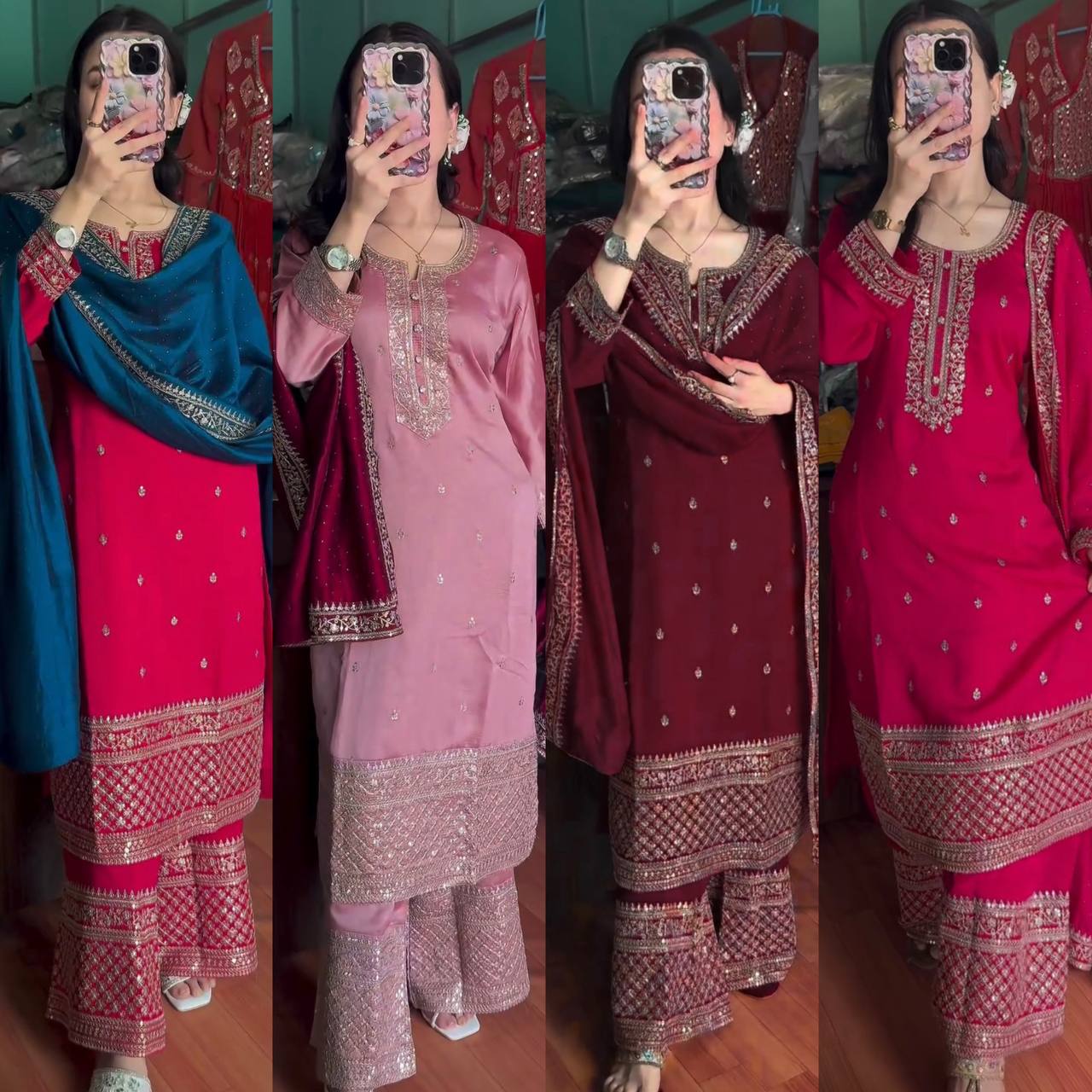 "Elegant Chinnon Silk Embroidered 3-Piece Set with Sequence Work"
