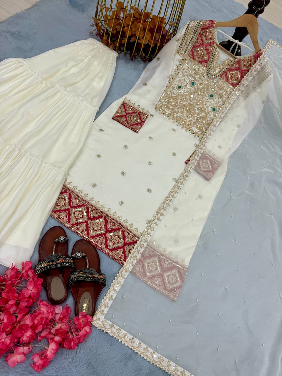 "Elegant Heavy Pur Vichitra Silk Suit Set with Embroidery, Tassels, and Organza Dupatta"