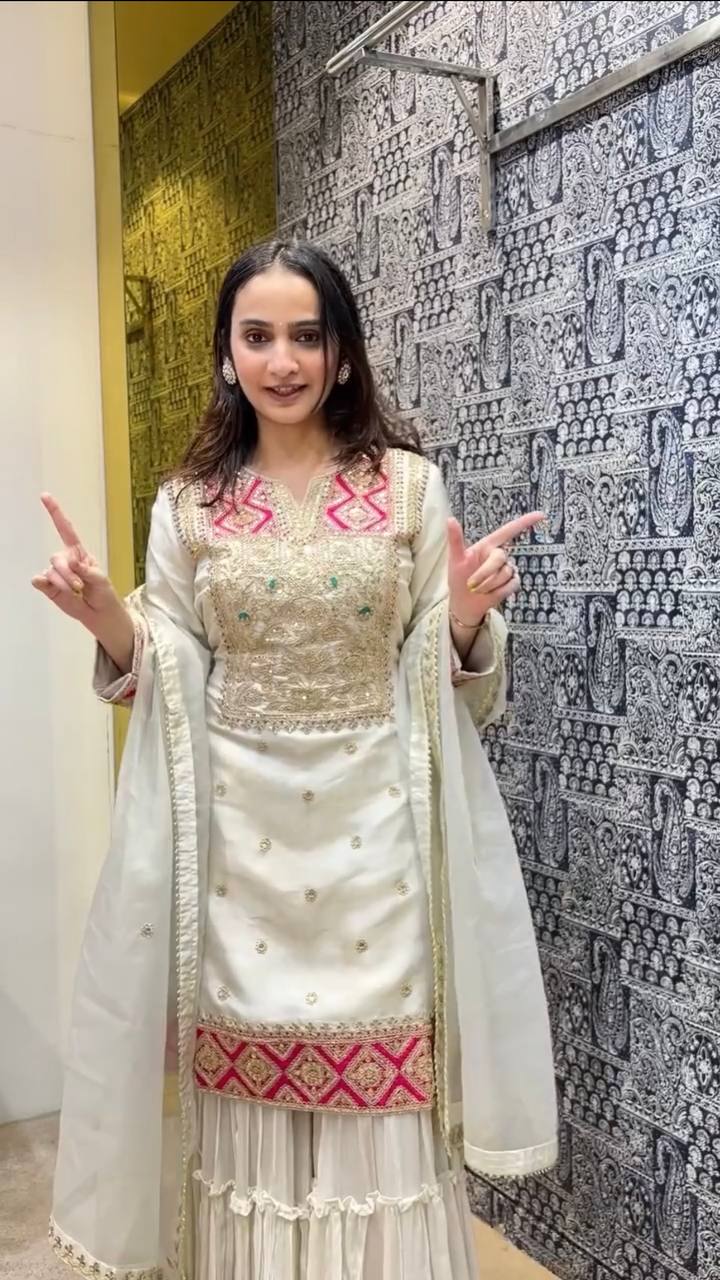 "Elegant Heavy Pur Vichitra Silk Suit Set with Embroidery, Tassels, and Organza Dupatta"