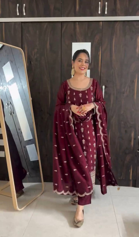 "Pure Cinon Silk Embroidered Top, Pant & Dupatta Set – Ready to Wear"