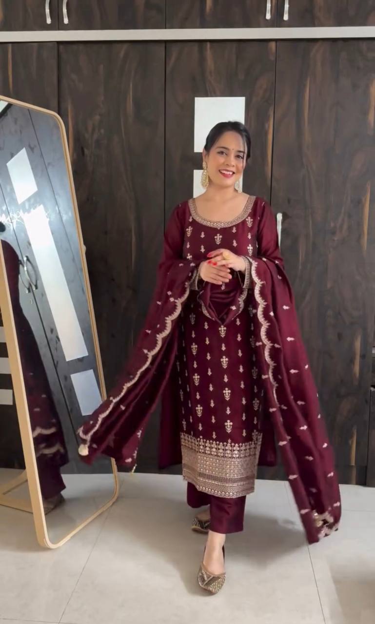 "Pure Cinon Silk Embroidered Top, Pant & Dupatta Set – Ready to Wear"