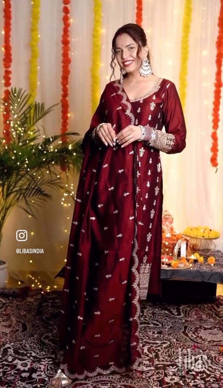 "Elegant Cinon Silk Set: Top, Pant, and Dupatta with Sequence Embroidery"