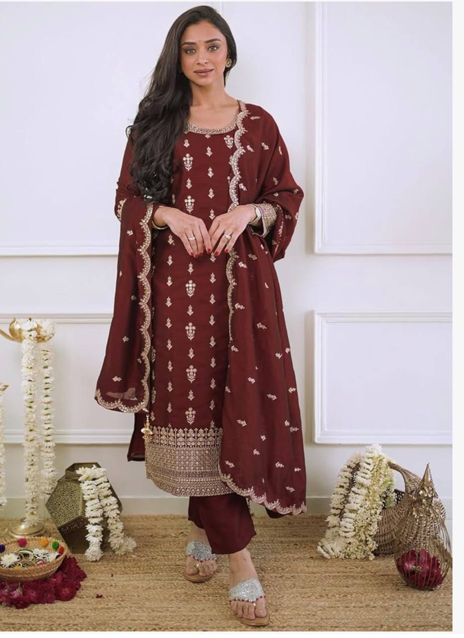 "Elegant Cinon Silk Set: Top, Pant, and Dupatta with Sequence Embroidery"