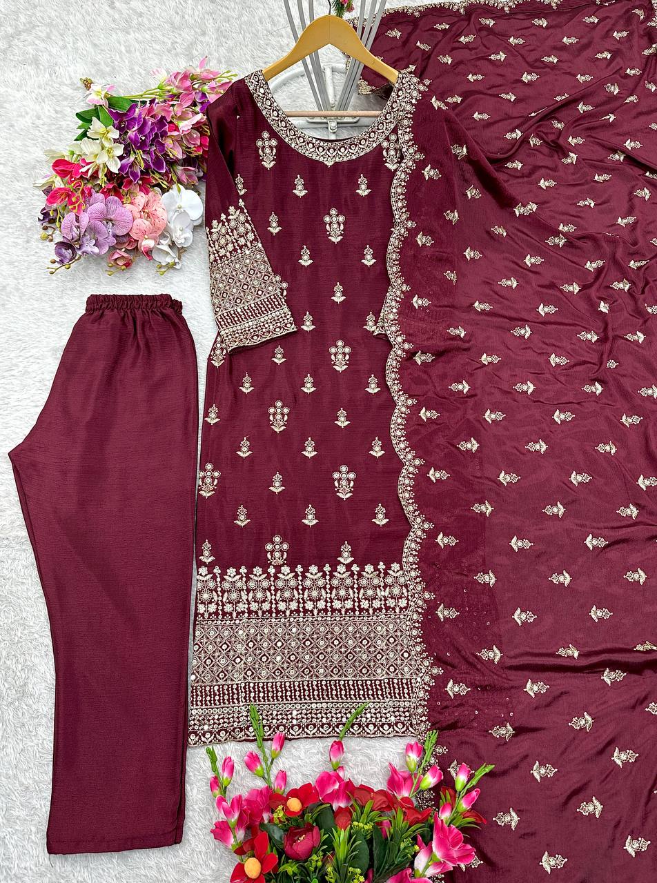 "Pure Cinon Silk Embroidered Top, Pant & Dupatta Set – Ready to Wear"