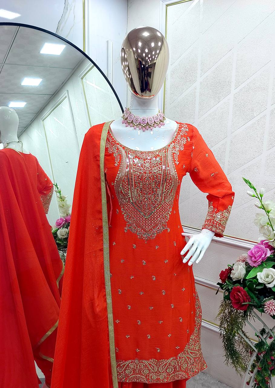 "Elegant Cinon Silk Ensemble with Heavy Embroidery and Sequence Work"