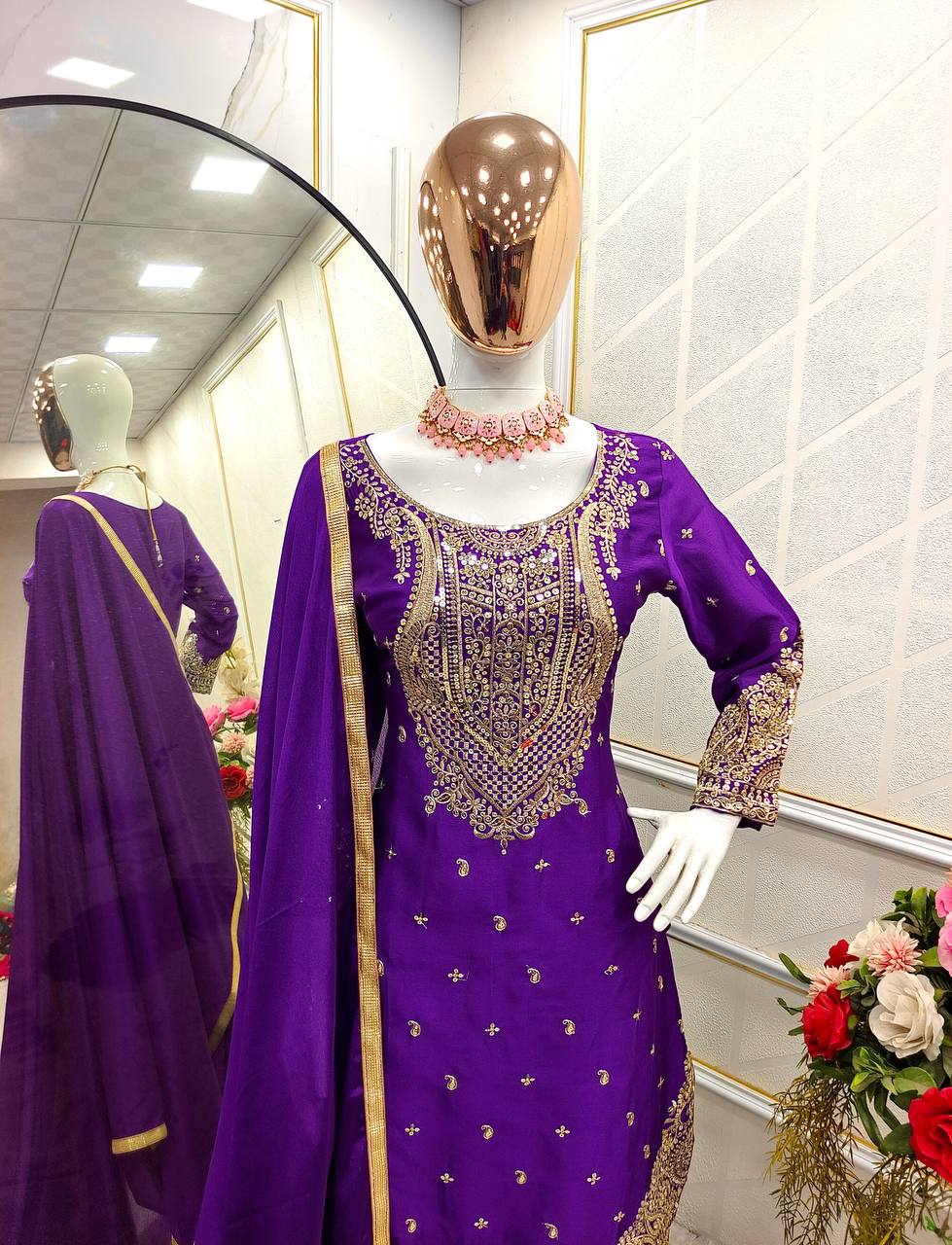 "Elegant Cinon Silk Ensemble with Heavy Embroidery and Sequence Work"