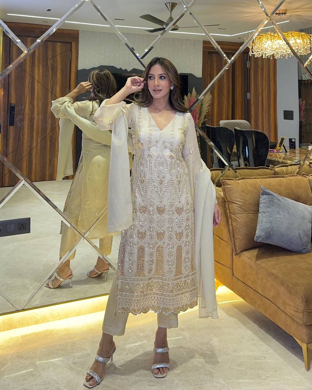 "Elegant Fox Georgette Sequence Embroidered Top, Pant & Dupatta Set"