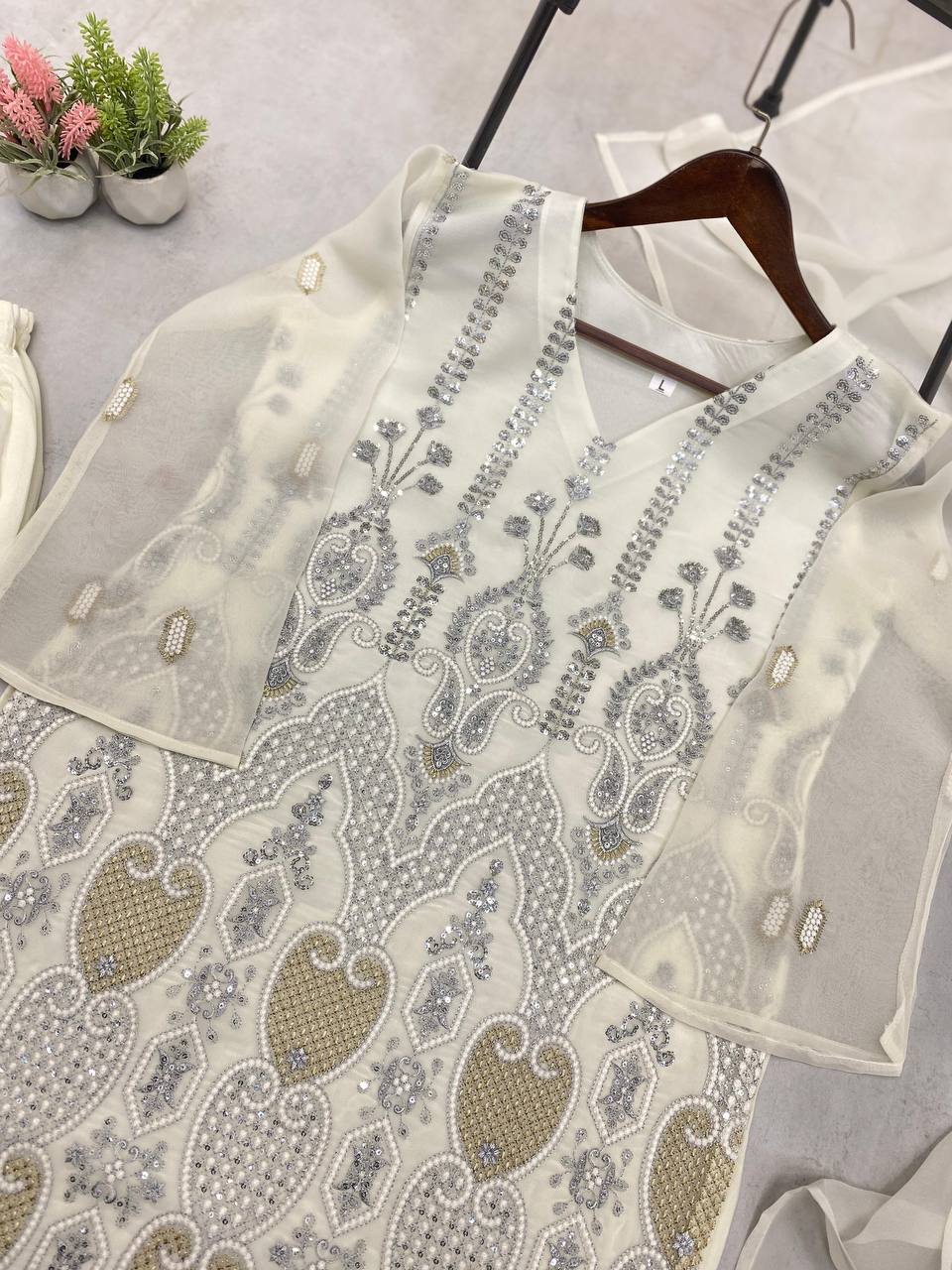 "Elegant Fox Georgette Sequence Embroidered Top, Pant & Dupatta Set"