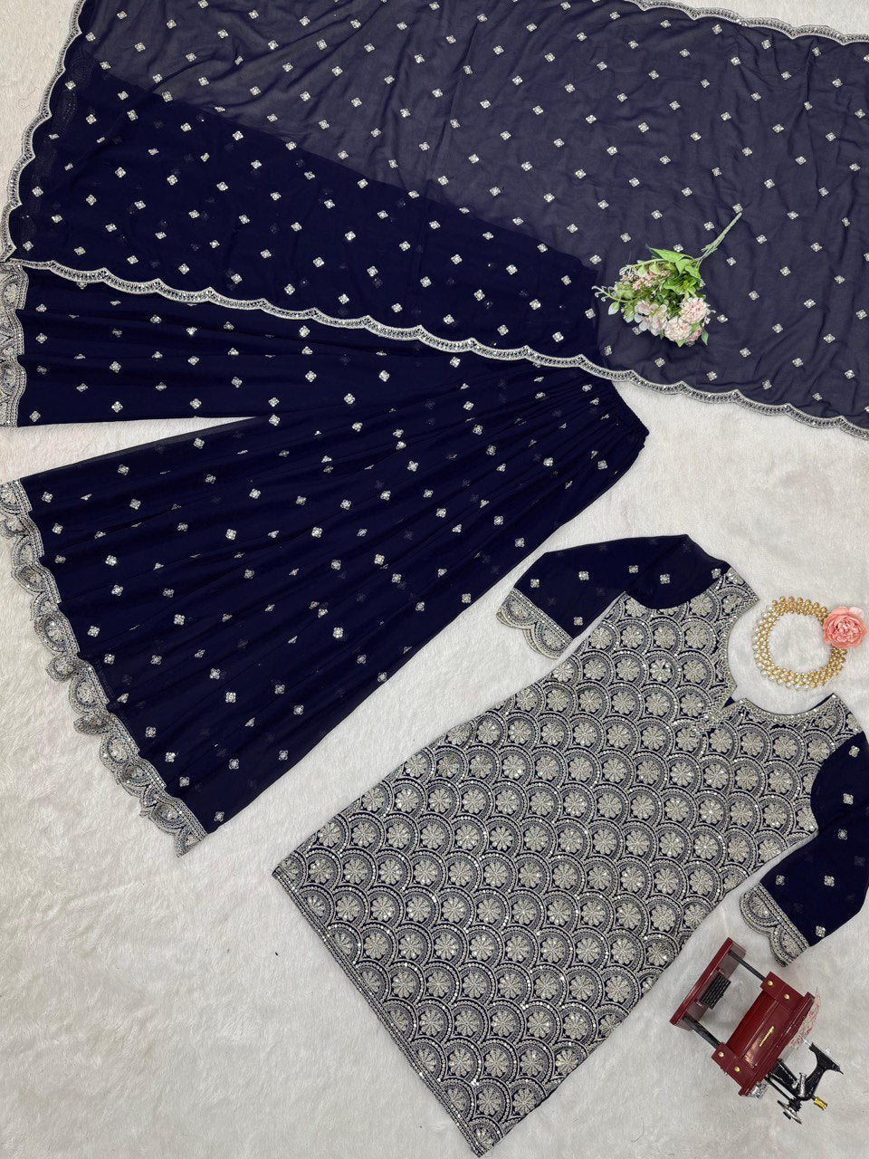 "Elegant Faux Georgette Embroidered Set with Thread & Sequin Work"