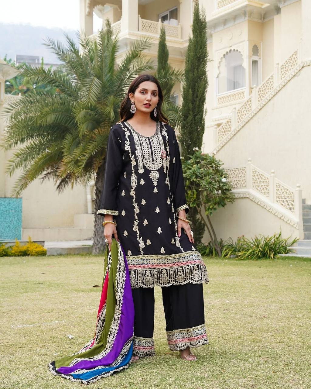 "Elegant Pure Heavy Chinnon Silk Suit Set with Embroidery Coding Sequence Work & Matching Dupatta"