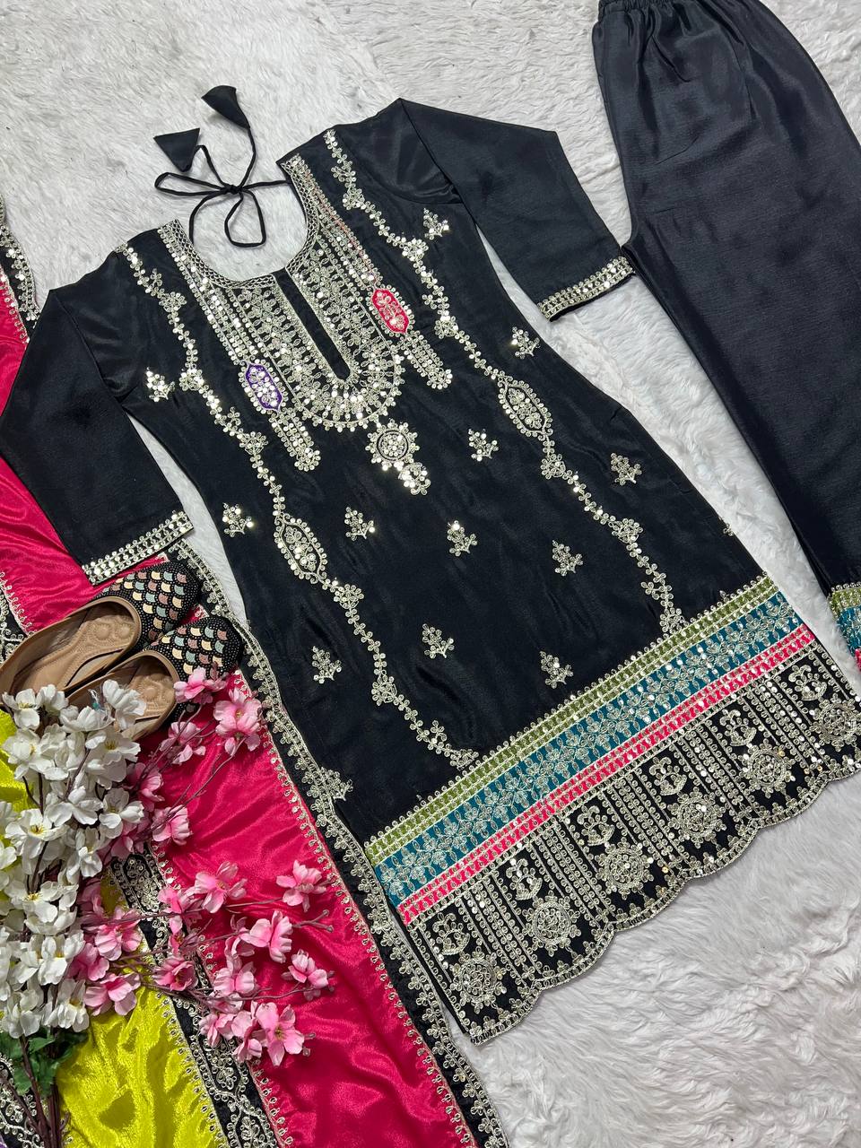 "Elegant Pure Heavy Chinnon Silk Suit Set with Embroidery Coding Sequence Work & Matching Dupatta"