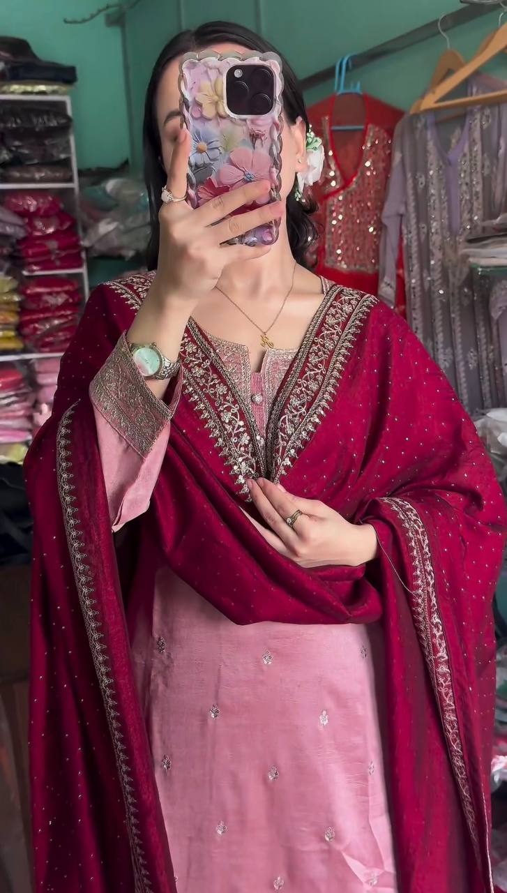 "Elegant Chinnon Silk Embroidered 3-Piece Set with Sequence Work"