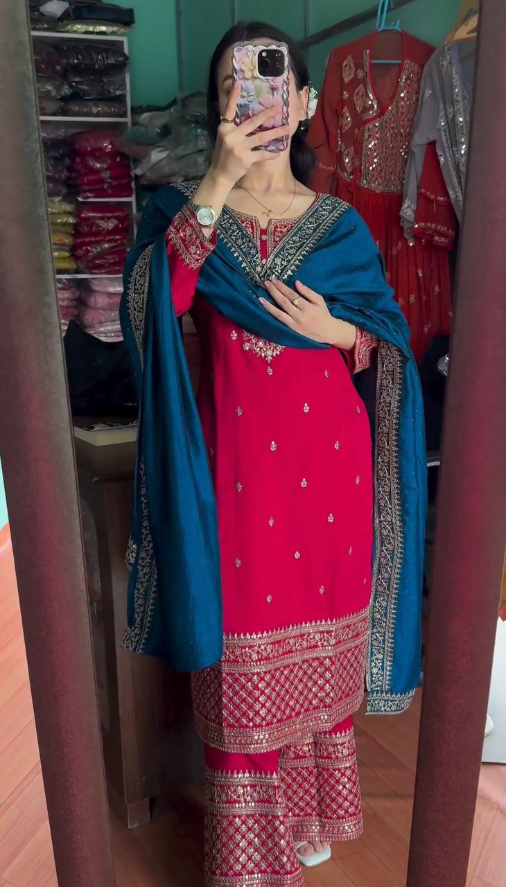 "Elegant Chinnon Silk Embroidered 3-Piece Set with Sequence Work"