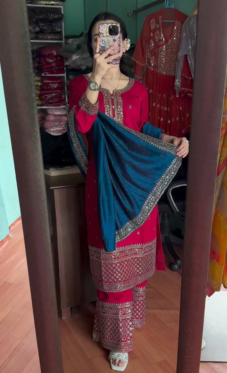 "Elegant Chinnon Silk Embroidered 3-Piece Set with Sequence Work"