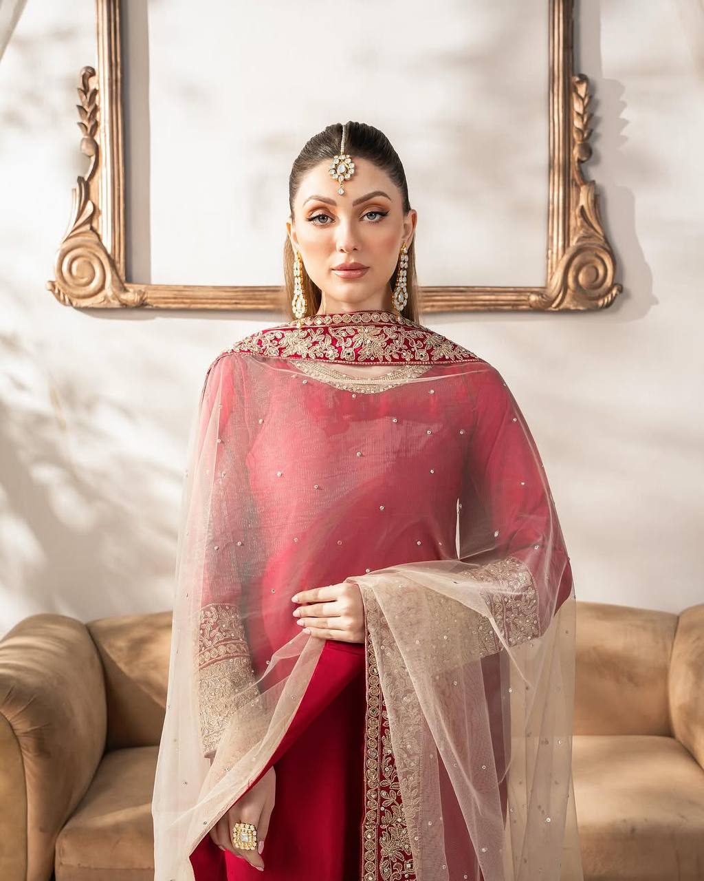 "Elegance in Embroidery: Heavy Malay Satin Silk Set with Embellished Dupatta & Pant"