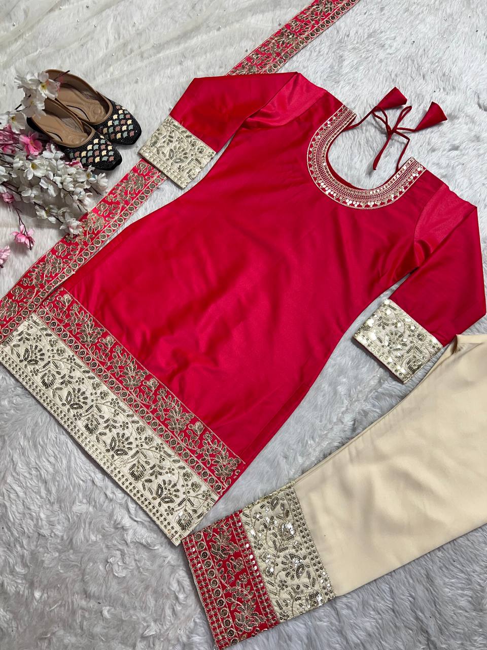 "Elegance in Embroidery: Heavy Malay Satin Silk Set with Embellished Dupatta & Pant"