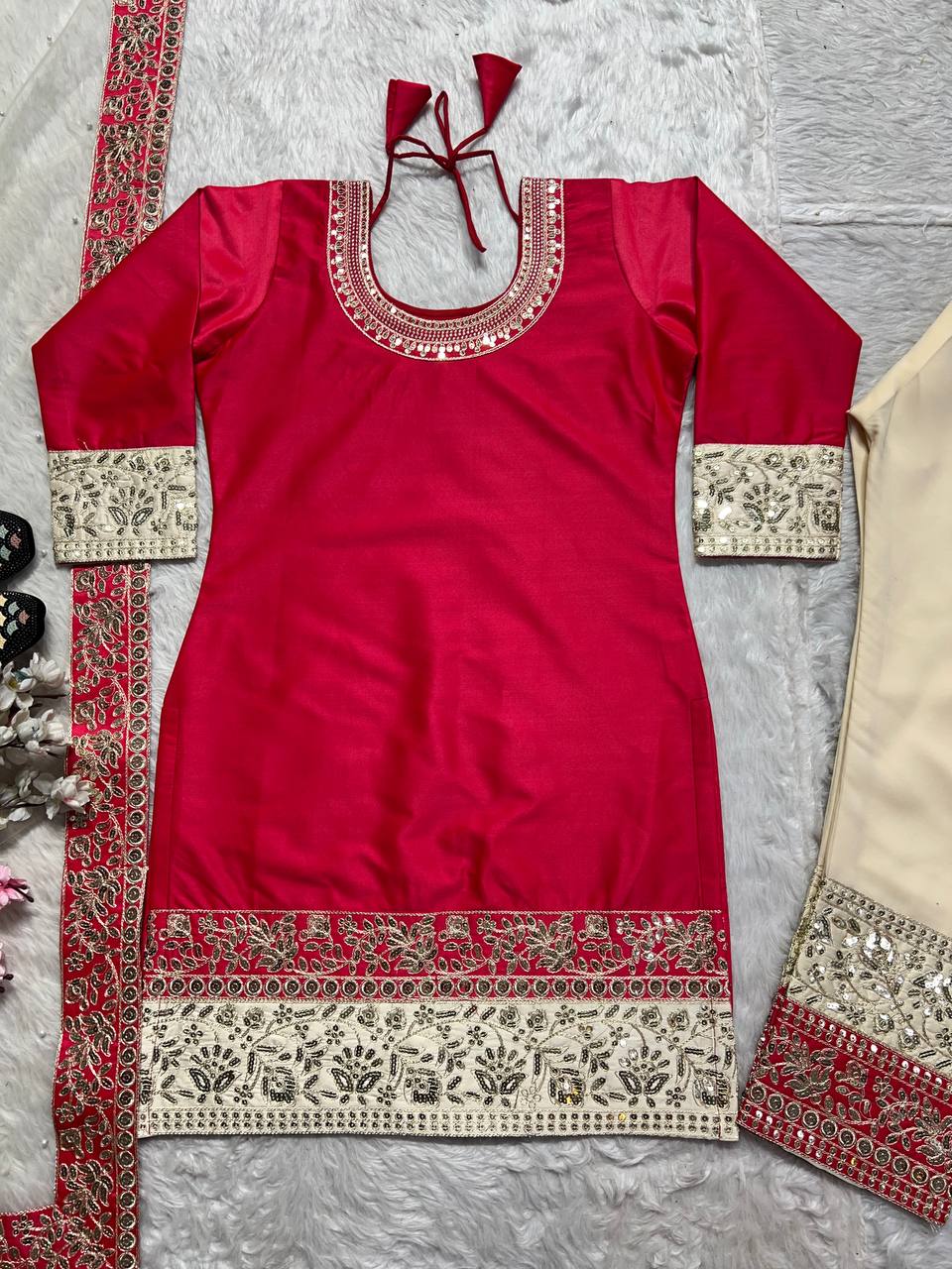 "Elegance in Embroidery: Heavy Malay Satin Silk Set with Embellished Dupatta & Pant"