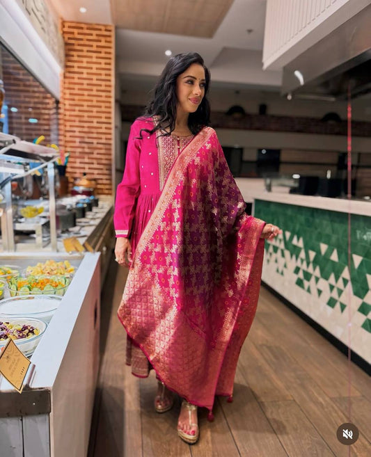 "Elegant Gwon Set with Heavy Embroidery, Satin Dupatta, and Butter Silk Bottom – Fully Stitched, Ready to Wear"