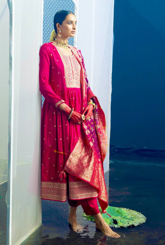 "Luxury Embroidered Gwon Set with Satin Dupatta & Silk Bottom – Ready to Wear"