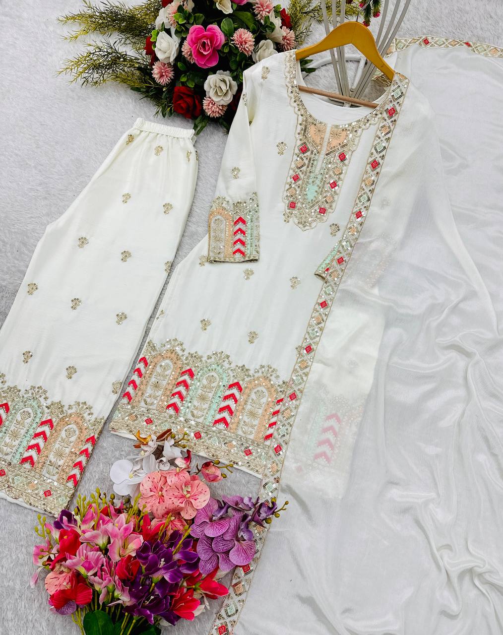 "Premium Cinon Silk Embroidered Top, Palazzo & Dupatta Set"