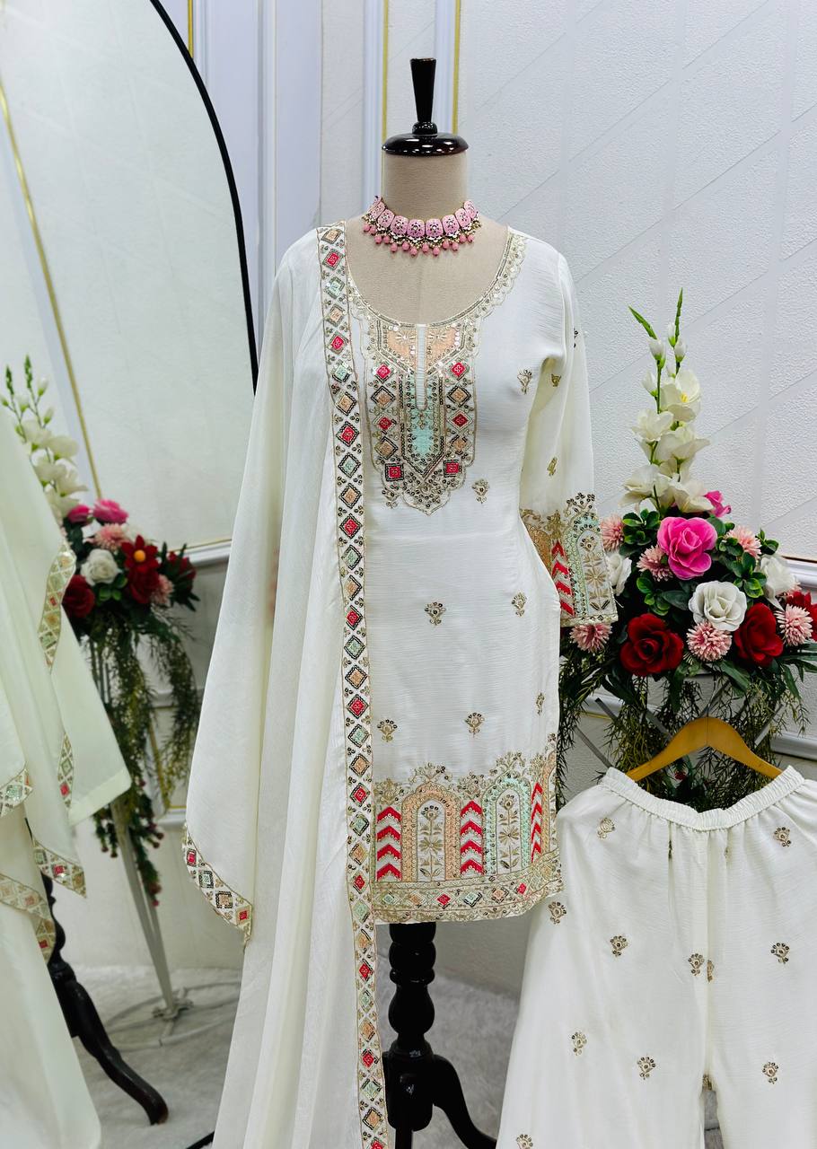 "Premium Cinon Silk Embroidered Top, Palazzo & Dupatta Set"