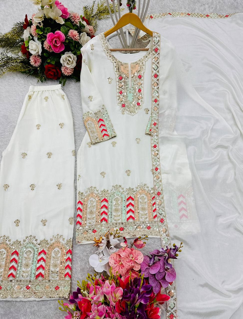 "Premium Cinon Silk Embroidered Top, Palazzo & Dupatta Set"