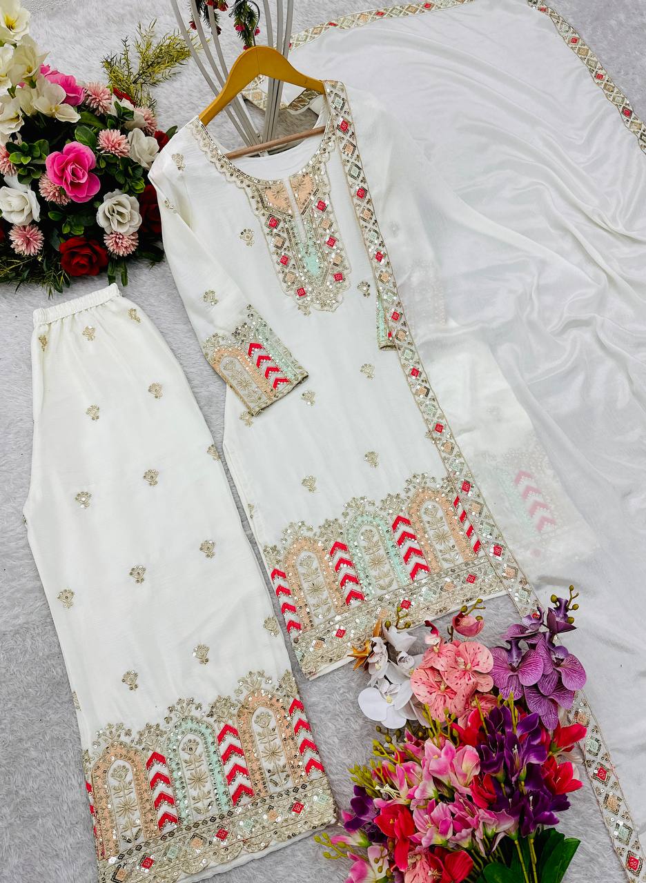 "Premium Cinon Silk Embroidered Top, Palazzo & Dupatta Set"