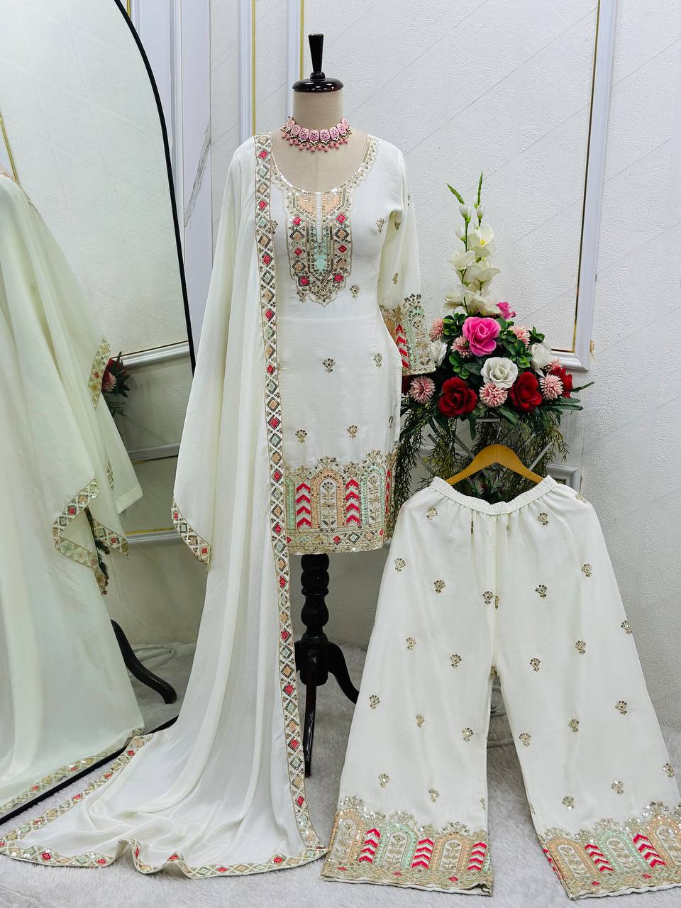 "Premium Cinon Silk Embroidered Top, Palazzo & Dupatta Set"