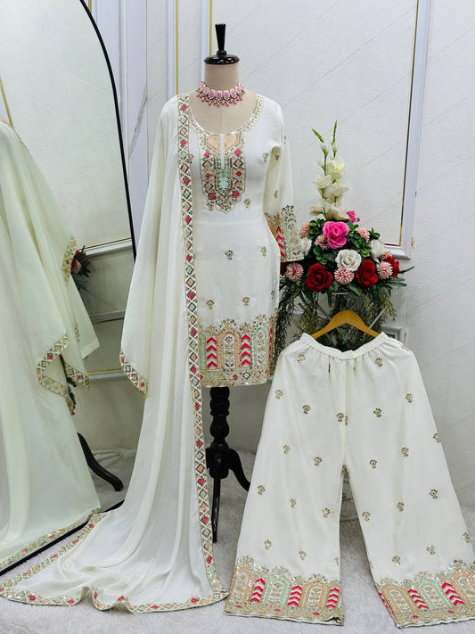 "Premium Cinon Silk Embroidered Top, Palazzo & Dupatta Set"