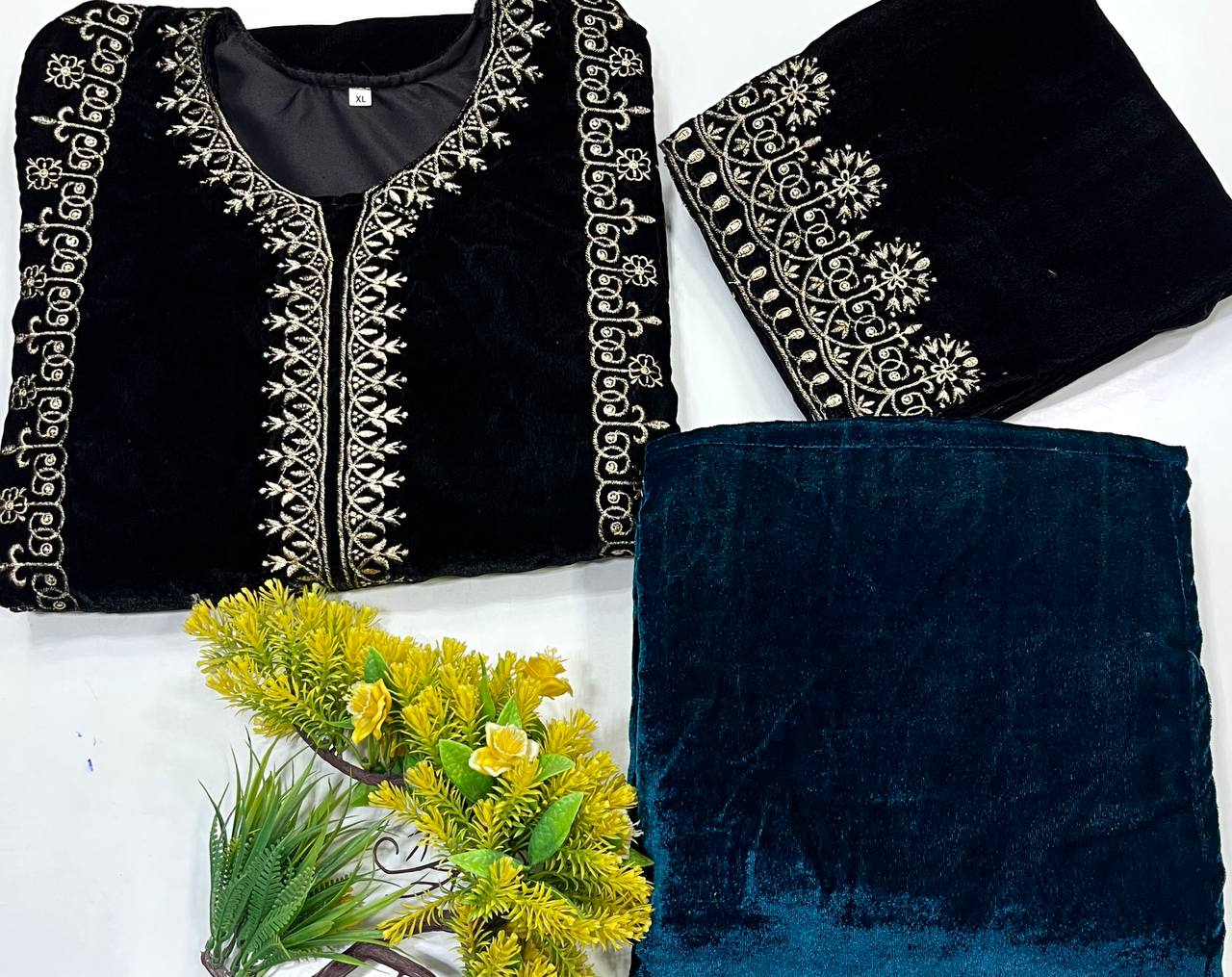 "Elegant Heavy Velvet Embroidered Set with Dupatta, Top, and Pant – Fully Stitched"