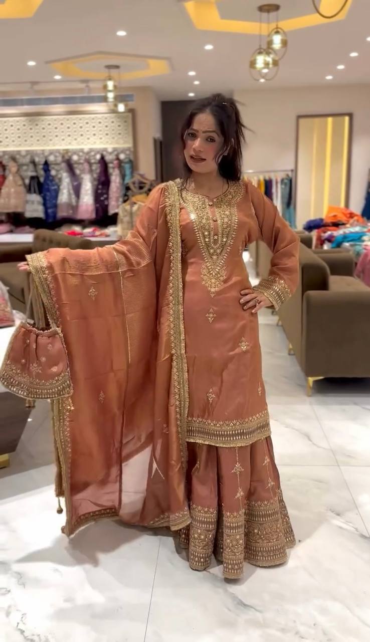 "Elegant Pure Chinnon Silk Set with Heavy Embroidery & Sequence Work"