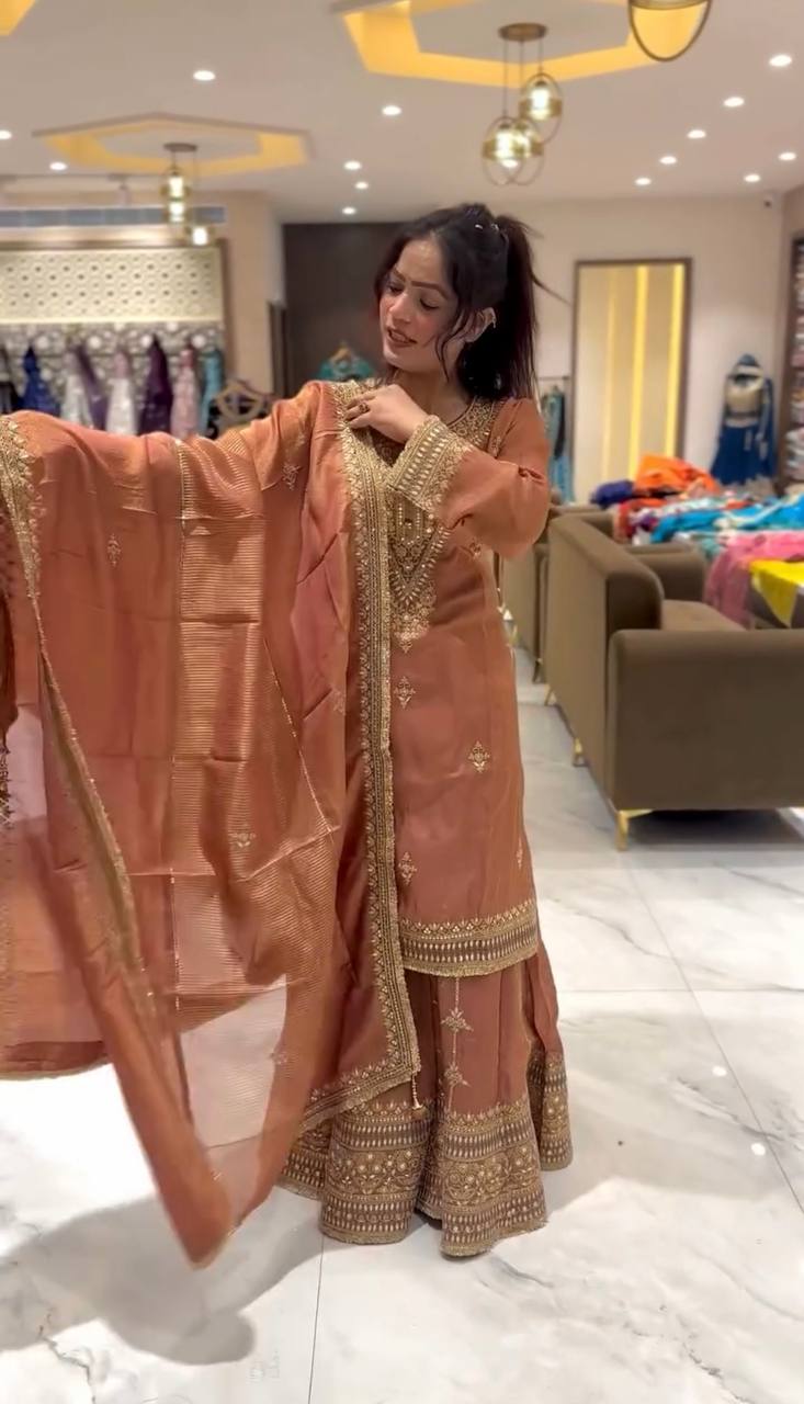 "Elegant Pure Chinnon Silk Set with Heavy Embroidery & Sequence Work"