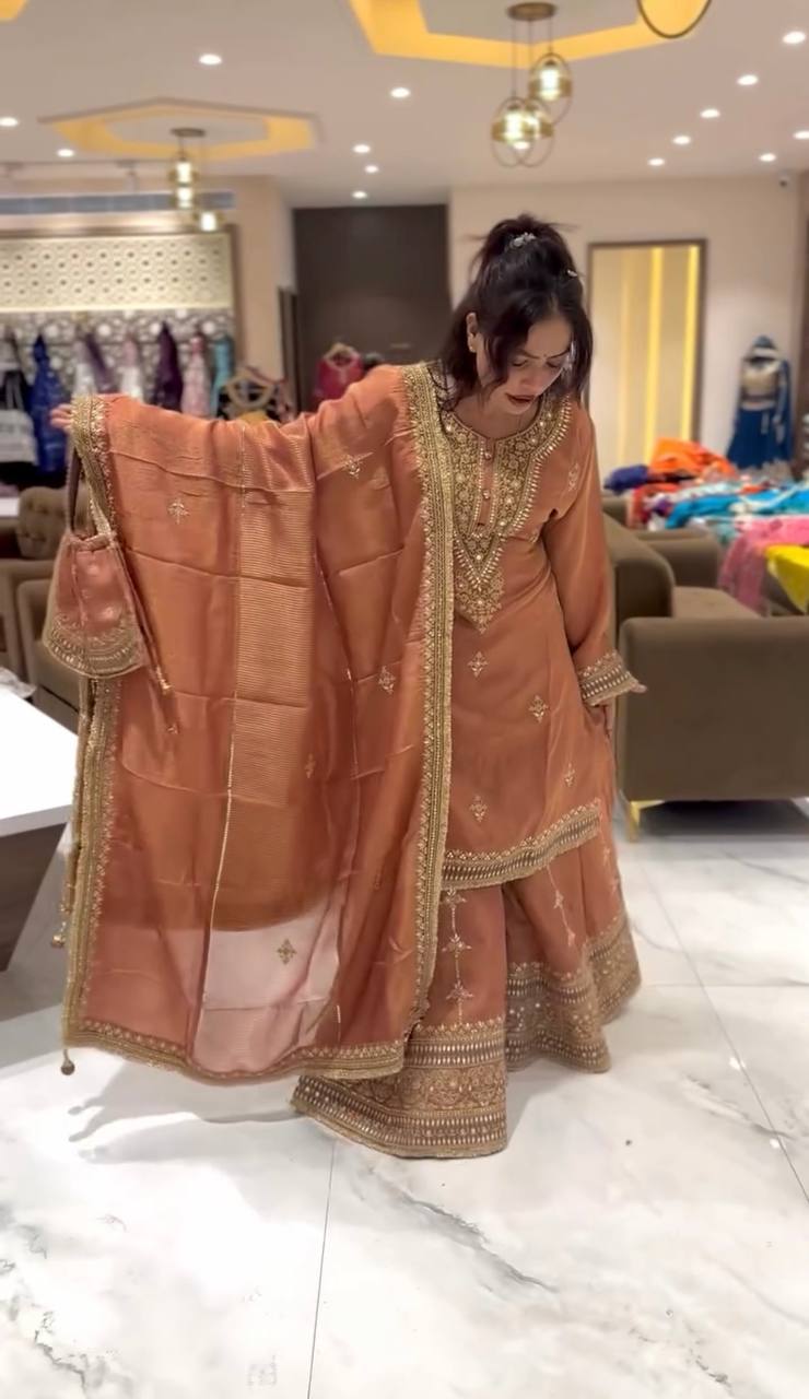 "Elegant Pure Chinnon Silk Set with Heavy Embroidery & Sequence Work"