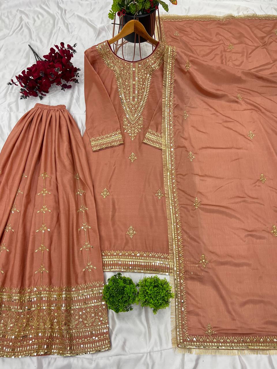 "Elegant Pure Chinnon Silk Set with Heavy Embroidery & Sequence Work"