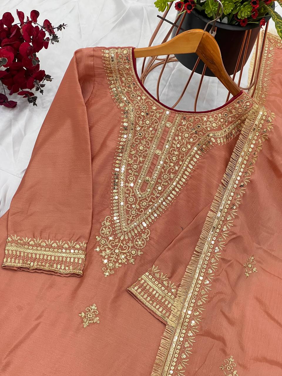 "Elegant Pure Chinnon Silk Set with Heavy Embroidery & Sequence Work"
