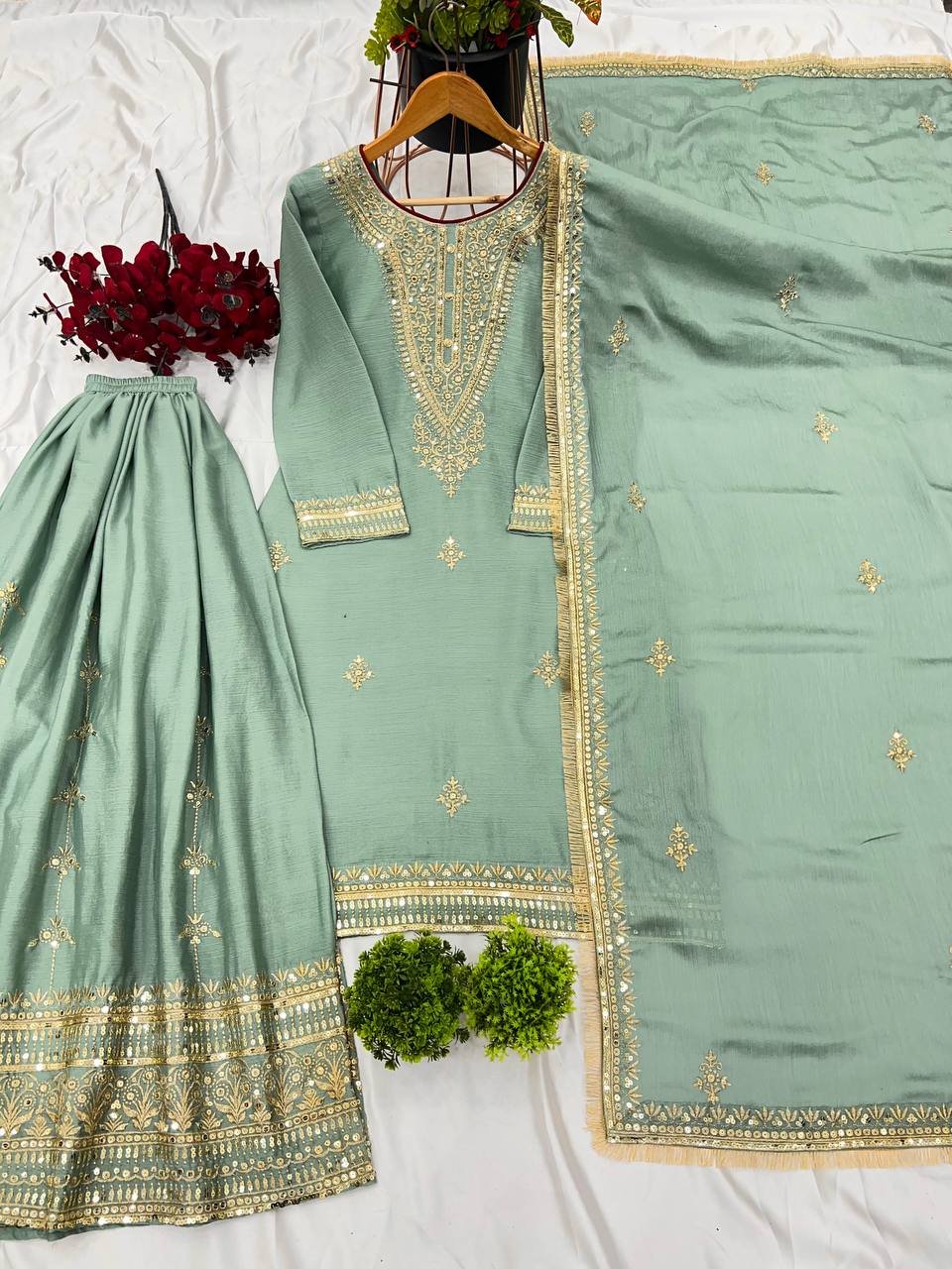 "Elegant Pure Chinnon Silk Set with Heavy Embroidery & Sequence Work"