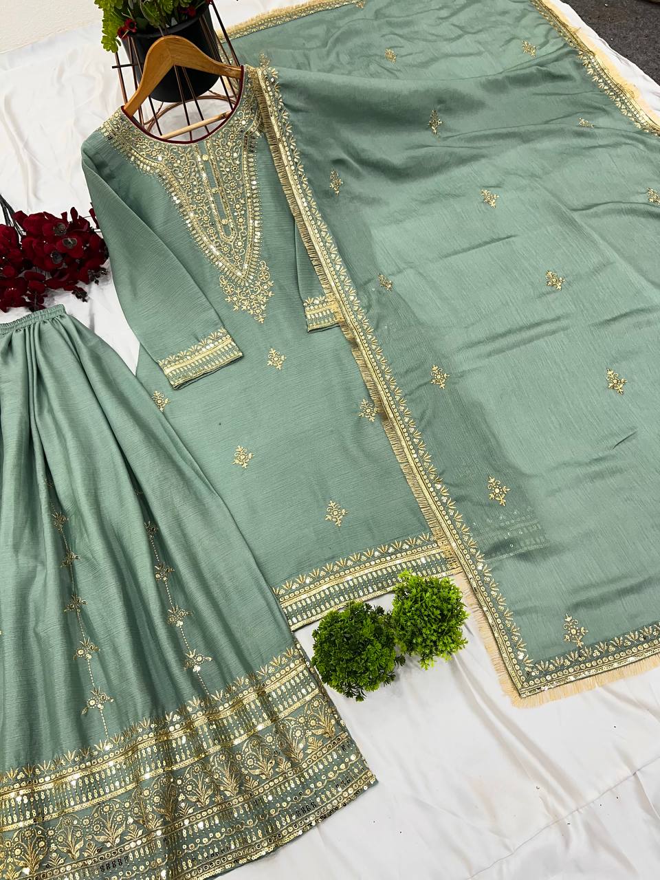 "Elegant Pure Chinnon Silk Set with Heavy Embroidery & Sequence Work"