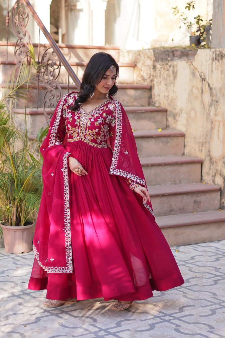 "Faux Blooming Embroidered Gown with Sequins and Designer Lace Dupatta"