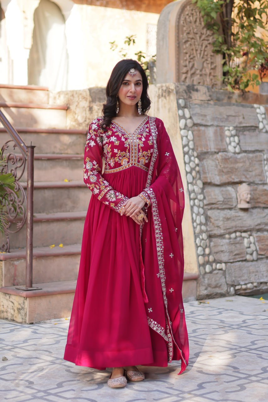 "Faux Blooming Embroidered Gown with Sequins and Designer Lace Dupatta"