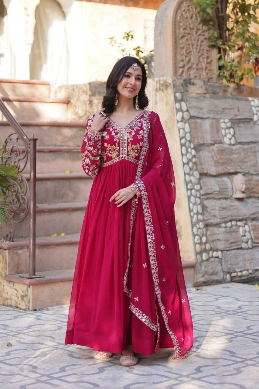 "Faux Blooming Embroidered Gown with Sequins and Designer Lace Dupatta"