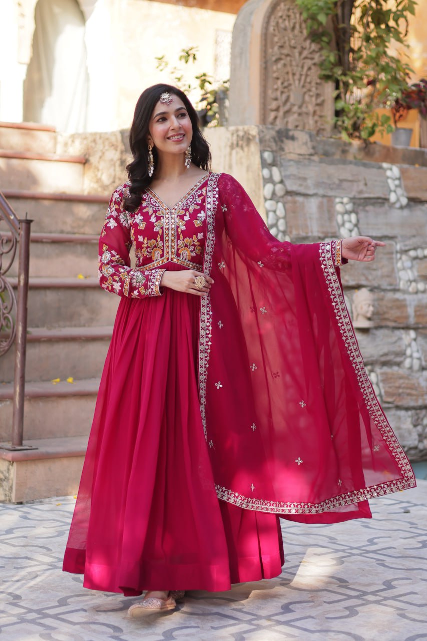 "Faux Blooming Embroidered Gown with Sequins and Designer Lace Dupatta"