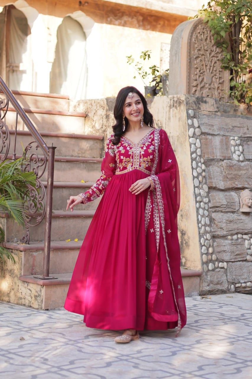 "Faux Blooming Embroidered Gown with Sequins and Designer Lace Dupatta"