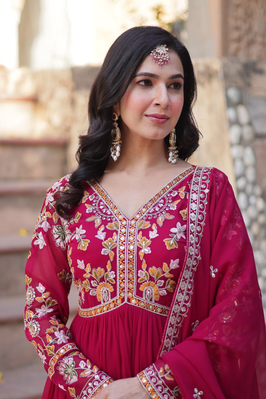 "Faux Blooming Embroidered Gown with Sequins and Designer Lace Dupatta"