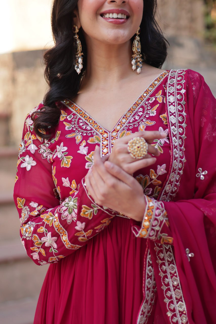 "Faux Blooming Embroidered Gown with Sequins and Designer Lace Dupatta"