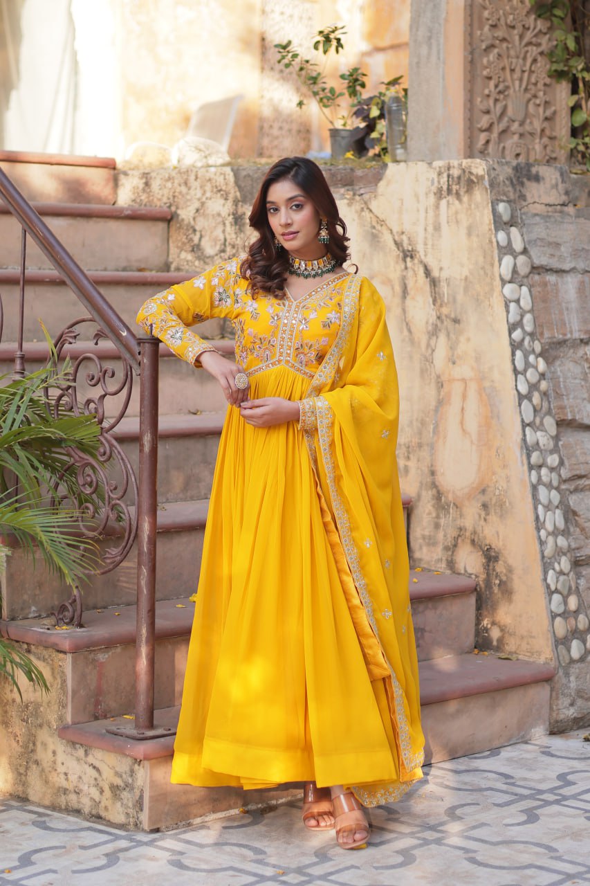 "Faux Blooming Embroidered Gown with Sequins and Designer Lace Dupatta"