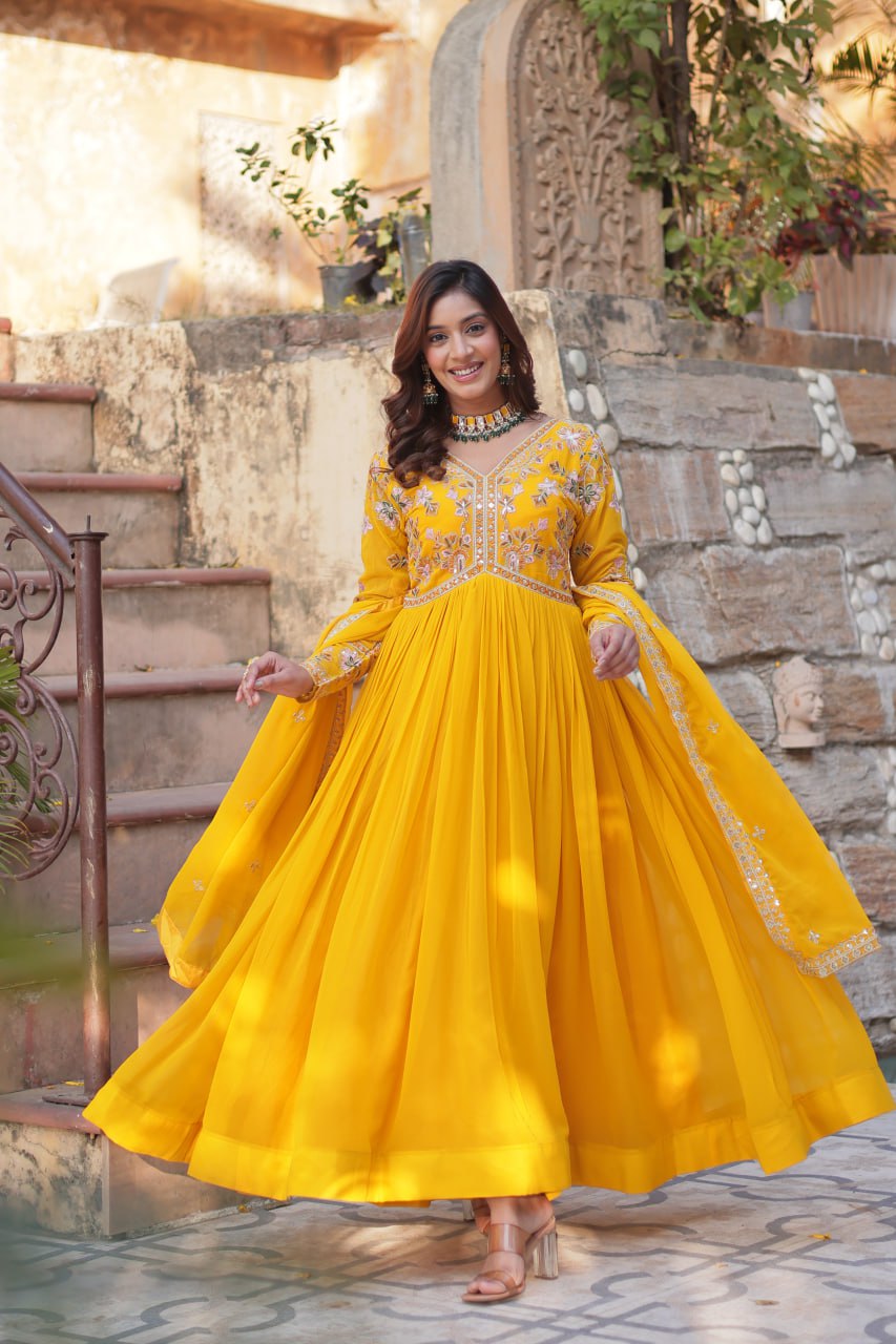 "Faux Blooming Embroidered Gown with Sequins and Designer Lace Dupatta"