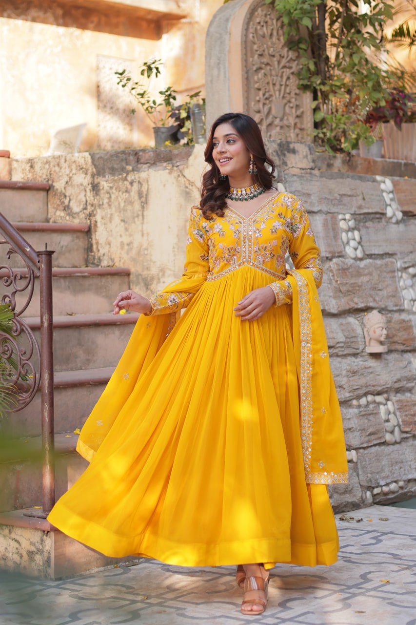 "Faux Blooming Embroidered Gown with Sequins and Designer Lace Dupatta"